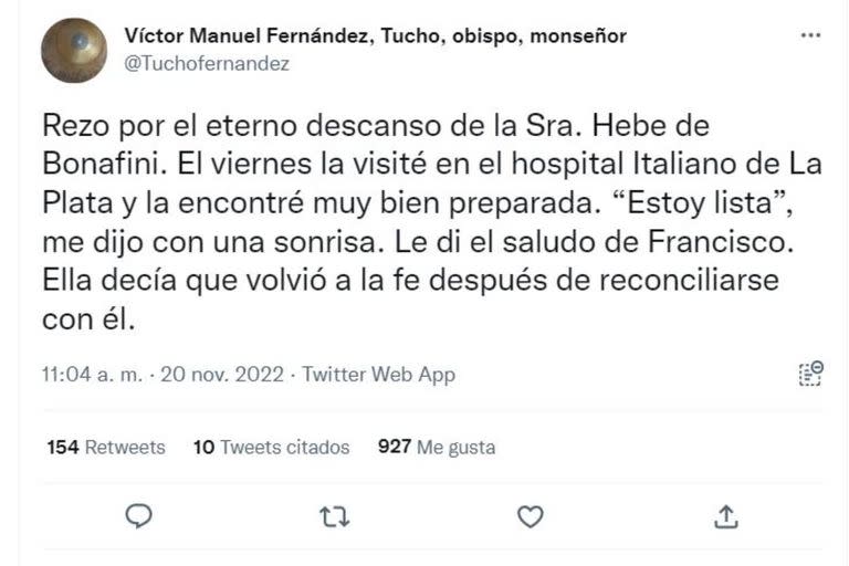 El Obispo Victor "Tucho" Fernández despidió a Hebe de Bonafini y contó que estaba "preparada" para este momento