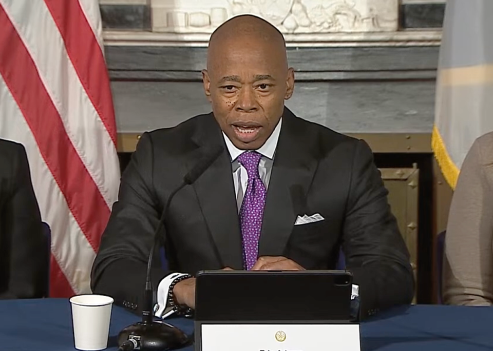 New York City mayor Eric Adams discusses a federal fundraising investigation surrounding his 2021 campaign at a press conference on Thursday 9 November (NYC Mayor’s Office)