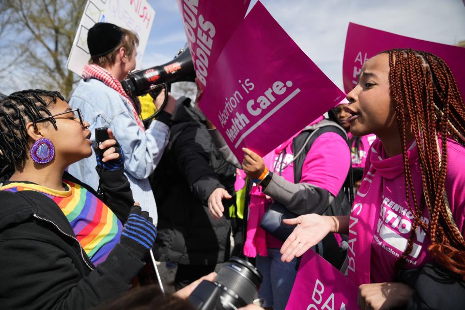 Protestors rally outside the U.S. Supreme Court in Washington on March 26, 2024 as the court hears oral arguments over access to mifepristone, a drug used in medication abortions.