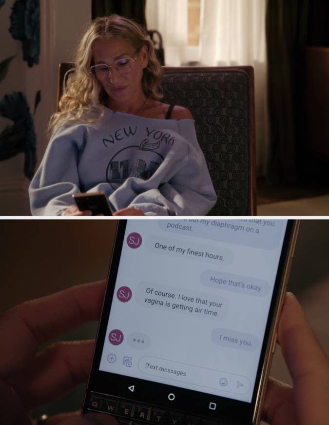 Carrie texting Samantha, "I miss you"