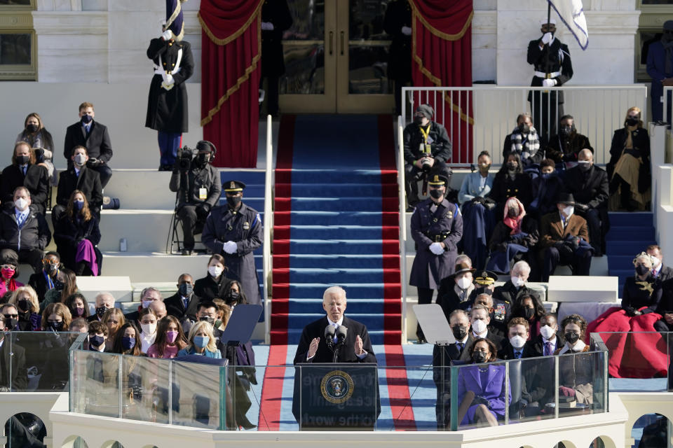 President Joe Biden speaks during the 59th Presidential Inauguration at the U.S. Capitol in Washington, Wednesday, Jan. 20, 2021.(AP Photo/Patrick Semansky, Pool)