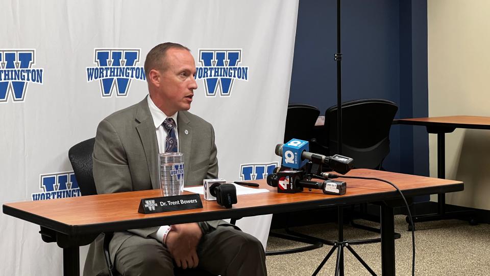 Worthington Schools Superintendent Trent Bowers speaks to media after a Worthington Board of Education emergency meeting Friday evening related to bomb and shooting threats that closed Worthington Kilbourne High School for two days.