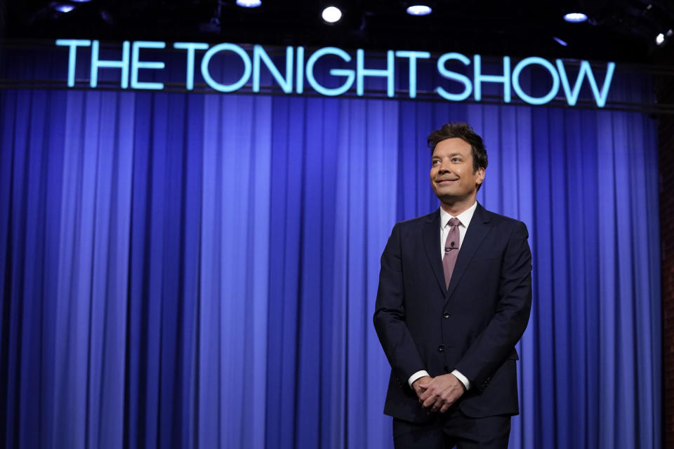 A close-up of Jimmy Fallon on the show's stage