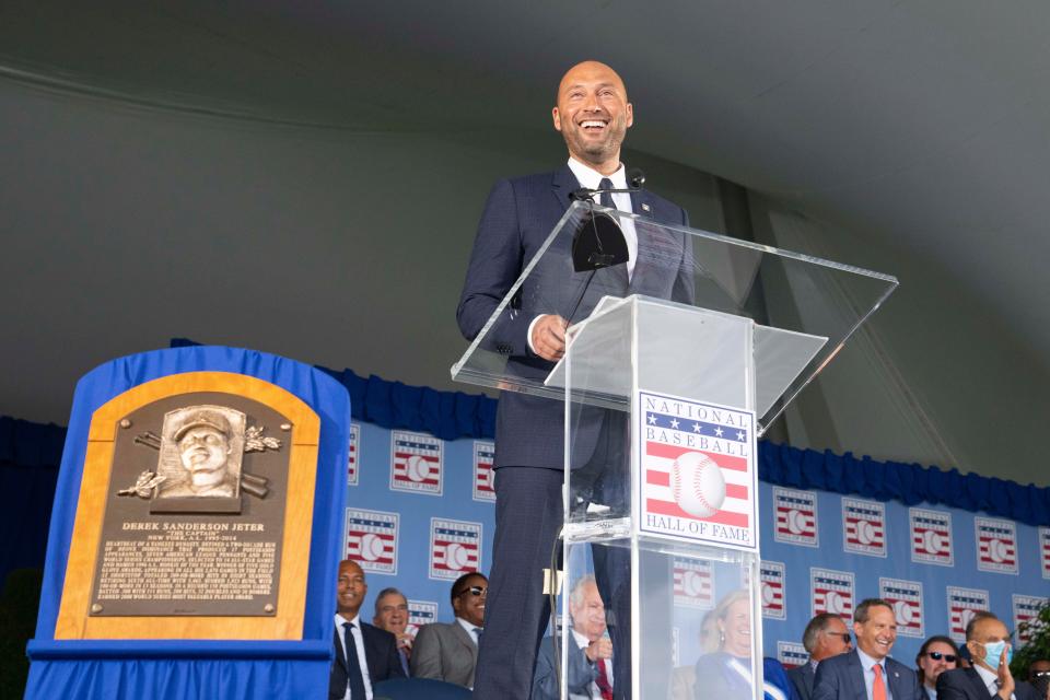 Derek Jeter speaks during the Hall of Fame ceremony on Wednesday.