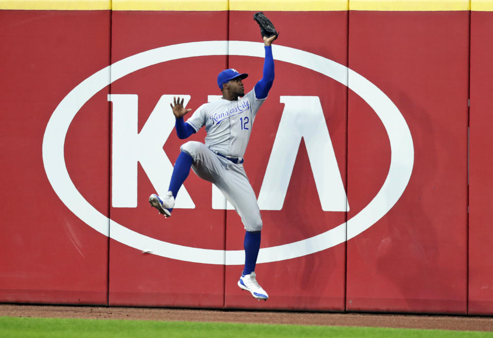 Kansas City Royals' Jorge Soler catches a ball hit by Cleveland Indians' Oscar Mercado in the fifth inning of a baseball game, Tuesday, June 25, 2019, in Cleveland. Mercado was out on the play. (AP Photo/Tony Dejak)