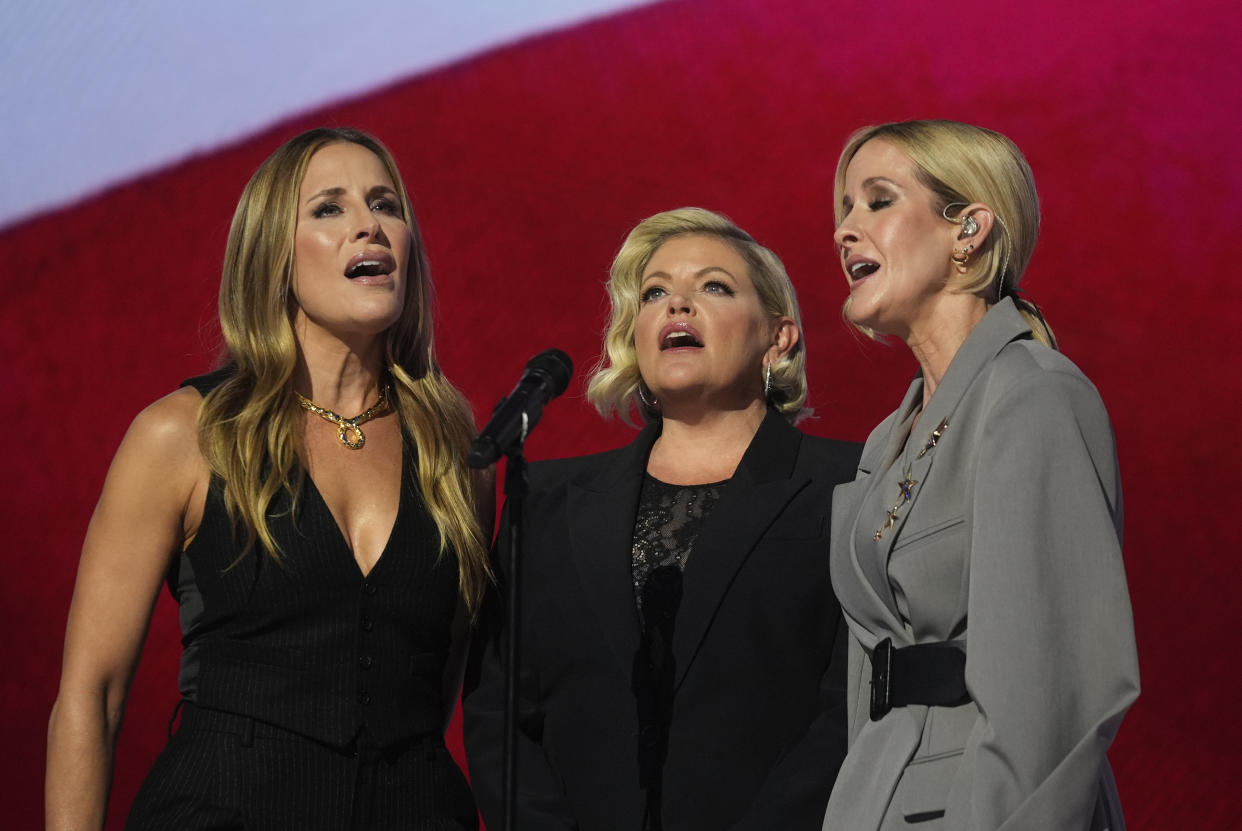 Emily Robison, Natalie Maines and Martie Maguire of the Chicks sing the national anthem during the Democratic convention.