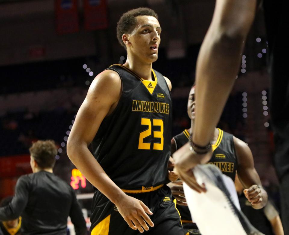 Milwaukee's Patrick Baldwin Jr. (23) runs off the court during a game against the Florida Gators, at Exactech Arena in Gainesville Nov. 18, 2021. The Gators won 81-45 over the Panthers.