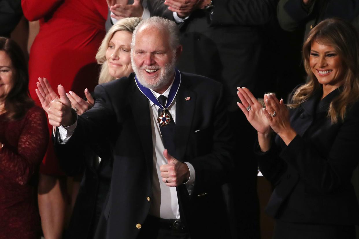 Radio personality Rush Limbaugh reacts after First Lady Melania Trump gives him the Presidential Medal of Freedom during the State of the Union address in the chamber of the U.S. House of Representatives on February 04, 2020 in Washington, DC. 