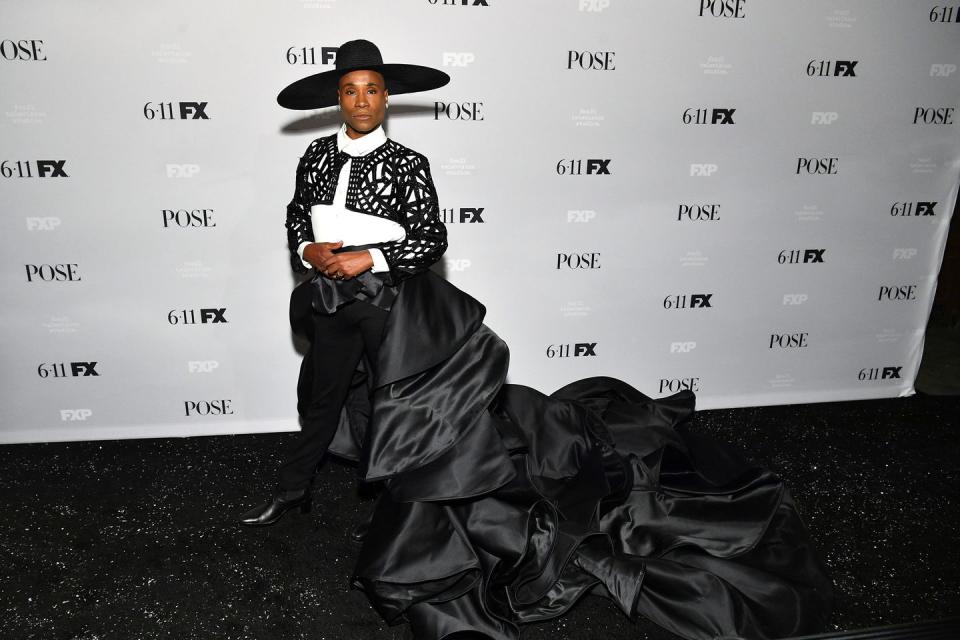 <p>For the premiere of Pose season 2, Porter wore a black-and-white matador-inspired outfit by Filipino designer and architect Francis Libiran – it took over two and a half months to make, according to <a href="https://www.hollywoodreporter.com/news/see-billy-porter-s-bullfighting-inspired-look-at-pose-premiere-1216176" rel="nofollow noopener" target="_blank" data-ylk="slk:THR.;elm:context_link;itc:0;sec:content-canvas" class="link ">THR.</a></p><p>On his Instagram, Porter described the look (a heavily beaded bolero jacket, white shirt, black trousers and black satin skirt with a dramatic ruffled train) as 'matador realness'.</p>