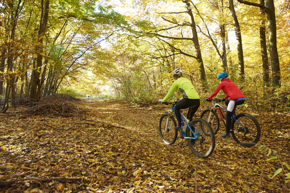 Full length of two female cyclist enjoy mountain biking together on the forest.