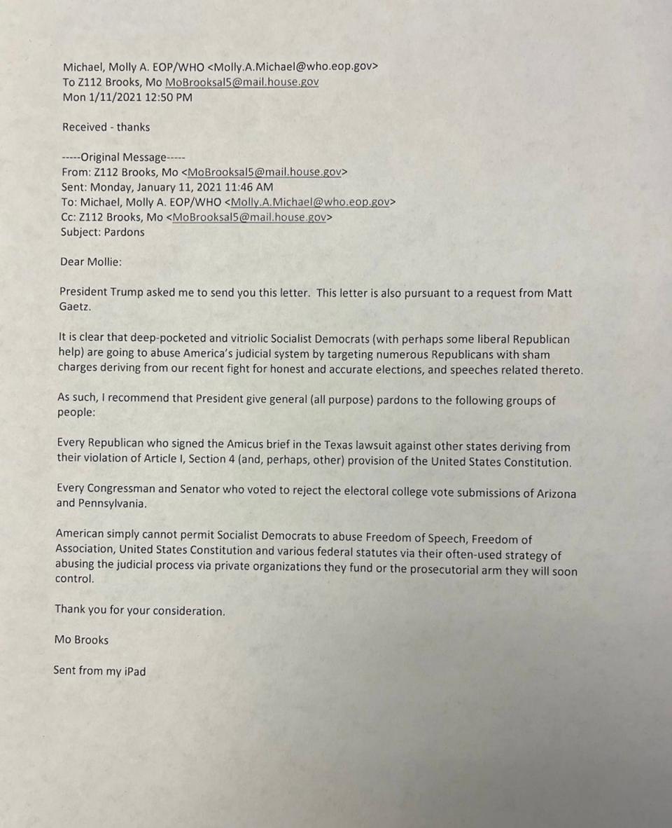 Carta de Mo Brooks pidiendo un indulto (Documento de gobierno)