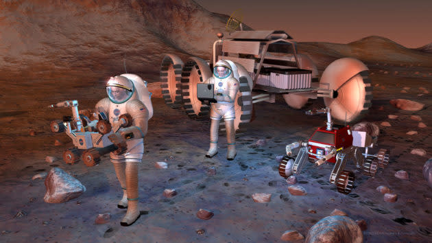 An artist’s conception depicts a crewed mission to Mars. (NASA / JPL-Caltech Illustration / 2004)