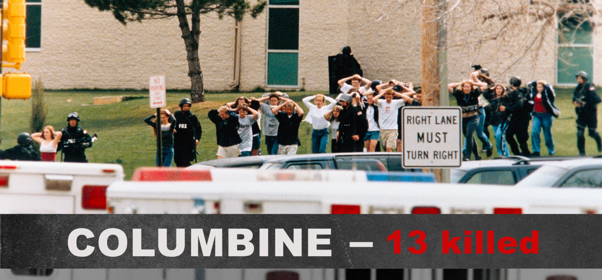 Students exit Columbine High School after two gunmen went on a shooting spree, killing 15 including themselves, on April 20, 1999, in Littleton, Colo. (Photo: Steve Starr/Corbis/Corbis via Getty Images)
