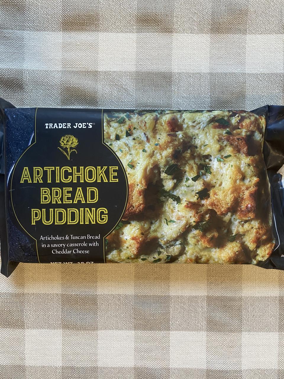 A package of Trader Joe's Artichoke Bread Pudding