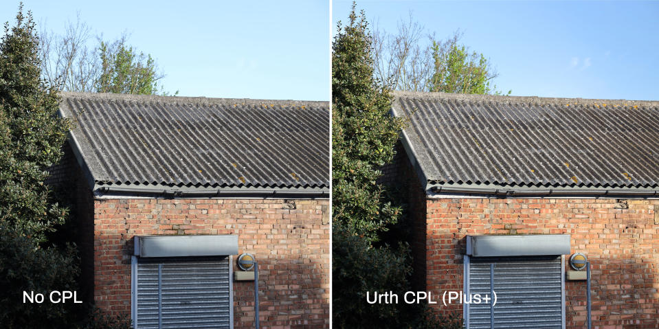 Two of the same photos of an old building next to a tree