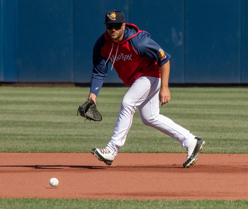 Daniel Palka fields a ground ball during Wednesday's WooSox workout at Polar Park.