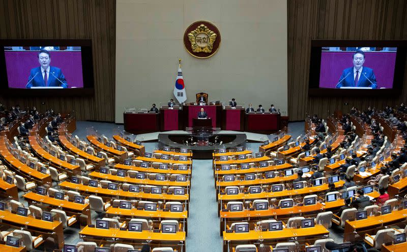 South Korea's President Yoon Suk-yeol gives a budget speech at the National Assembly in Seoul