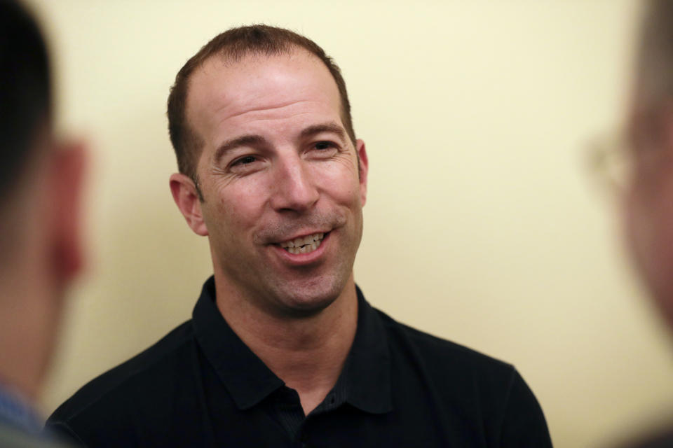 Los Angeles Angels general manager Billy Eppler speaks to reporters during the Major League Baseball General Manager Meetings Wednesday, Nov. 7, 2018, in Carlsbad, Calif. (AP Photo/Gregory Bull)