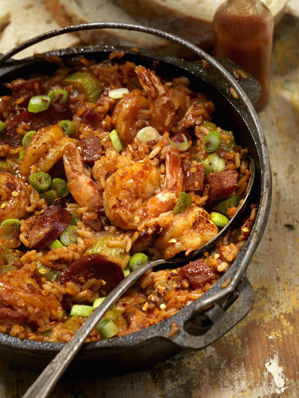 Creole Style Shrimp and Sausage Jambalaya in a cast iron pot.