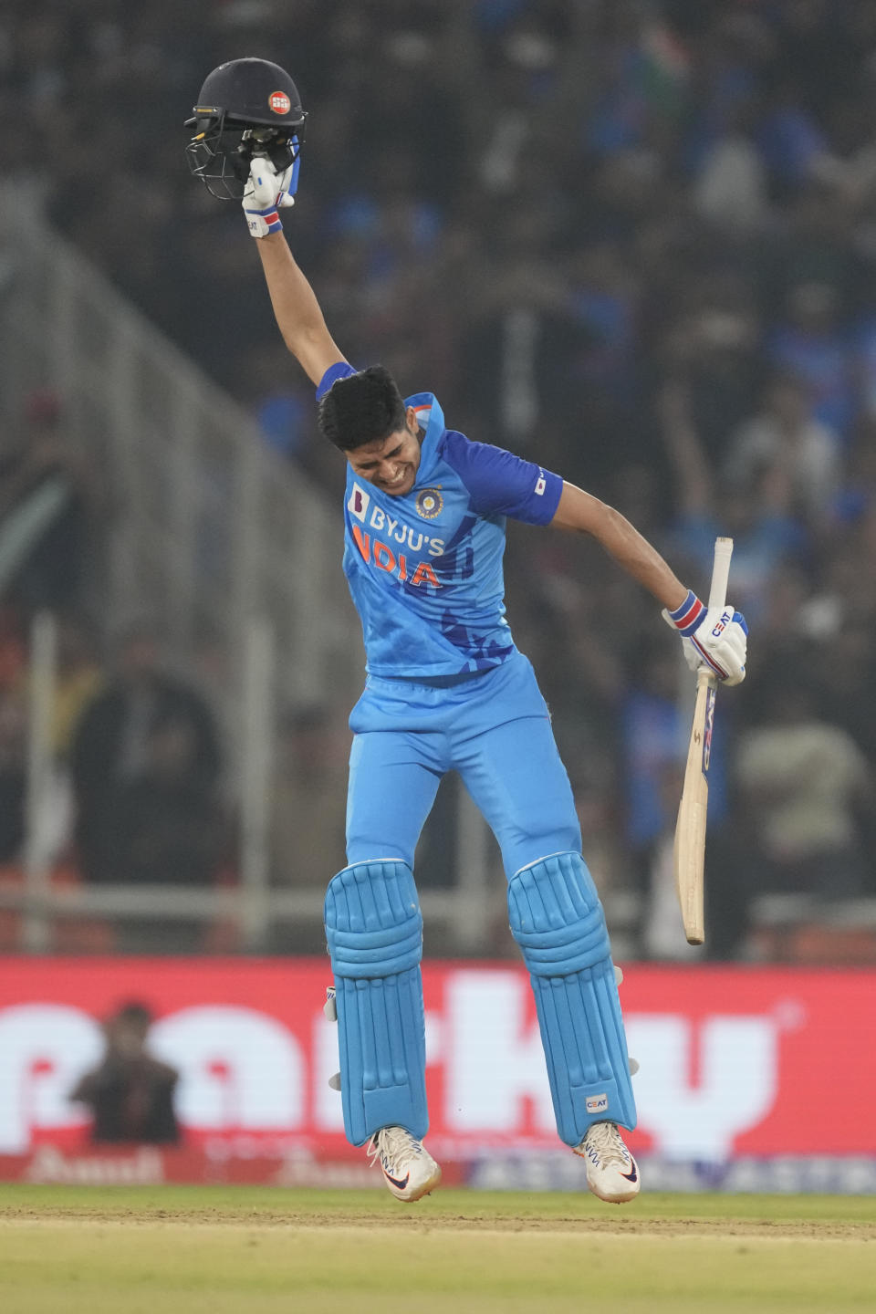 India's Shubhman Gill elebrates scoring a century during the third T20 international cricket match between India and New Zealand in Ahmedabad, India, Wednesday, Feb. 1, 2023. (AP Photo/Ajit Solanki)