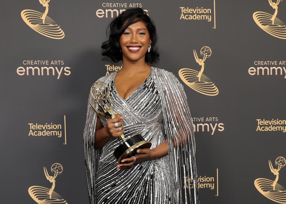 Simone Boseman accepts the Outstanding Character Voice-Over Performance award on behalf of the late Chadwick Boseman for ‘What If…?’ at the 2022 Creative Arts Emmys at Microsoft Theater on September 03, 2022 in Los Angeles, California.