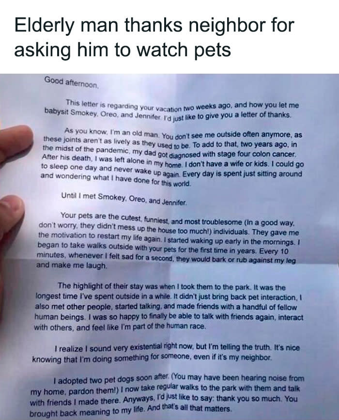 Image showing a letter from an elderly man thanking his neighbor for asking him to watch pets during the pandemic. The letter expresses gratitude and mentions the joy the pets brought him