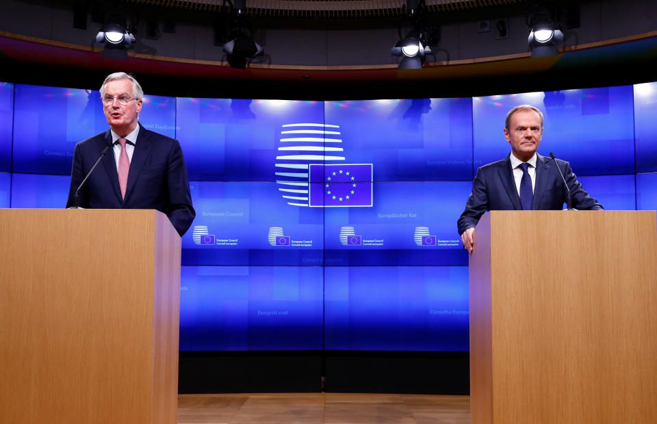 Barnier and Tusk addressing Thursday’s 8am press conference (Reuters)
