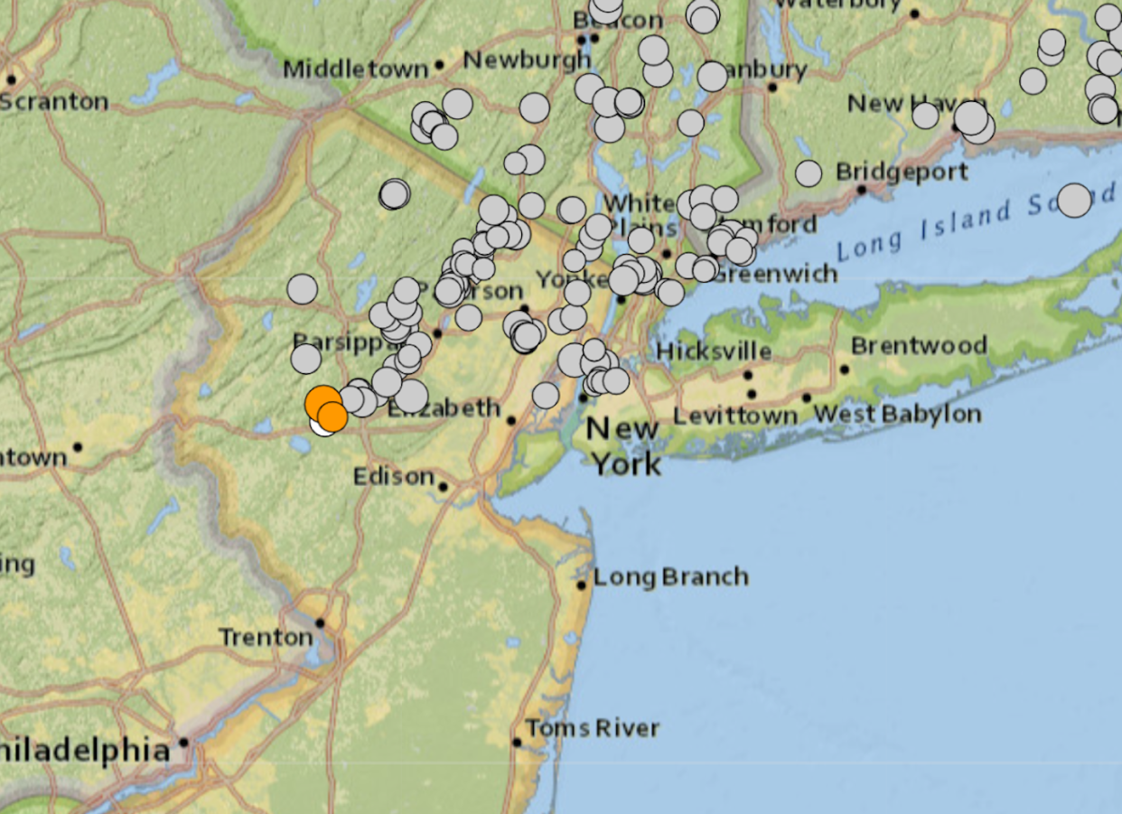 A map of earthquakes over the past century. The large orange dot was a magnitude 4.8 on April 5, 2024. <a href="https://earthquake.usgs.gov/earthquakes/map/?extent=39.4489,-76.80014&extent=42.36259,-70.83457&range=search&baseLayer=terrain&timeZone=utc&list=false&search=%7B%22name%22:%22Search%20Results%22,%22params%22:%7B%22starttime%22:%221900-01-01%2000:00:00%22,%22maxlatitude%22:45.176,%22minlatitude%22:40.657,%22maxlongitude%22:-71.642,%22minlongitude%22:-79.991,%22minmagnitude%22:0,%22orderby%22:%22time%22%7D%7D" rel="nofollow noopener" target="_blank" data-ylk="slk:USGS;elm:context_link;itc:0;sec:content-canvas" class="link ">USGS</a>