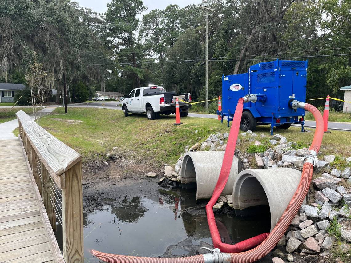 The city of Beaufort drew down water at the Duck Pond at 1st Boulevard and Battery Creek Road to create more water storage ahead of predicted flooding from Tropical Storm Ian on Thursday, Sept. 29, 2022.