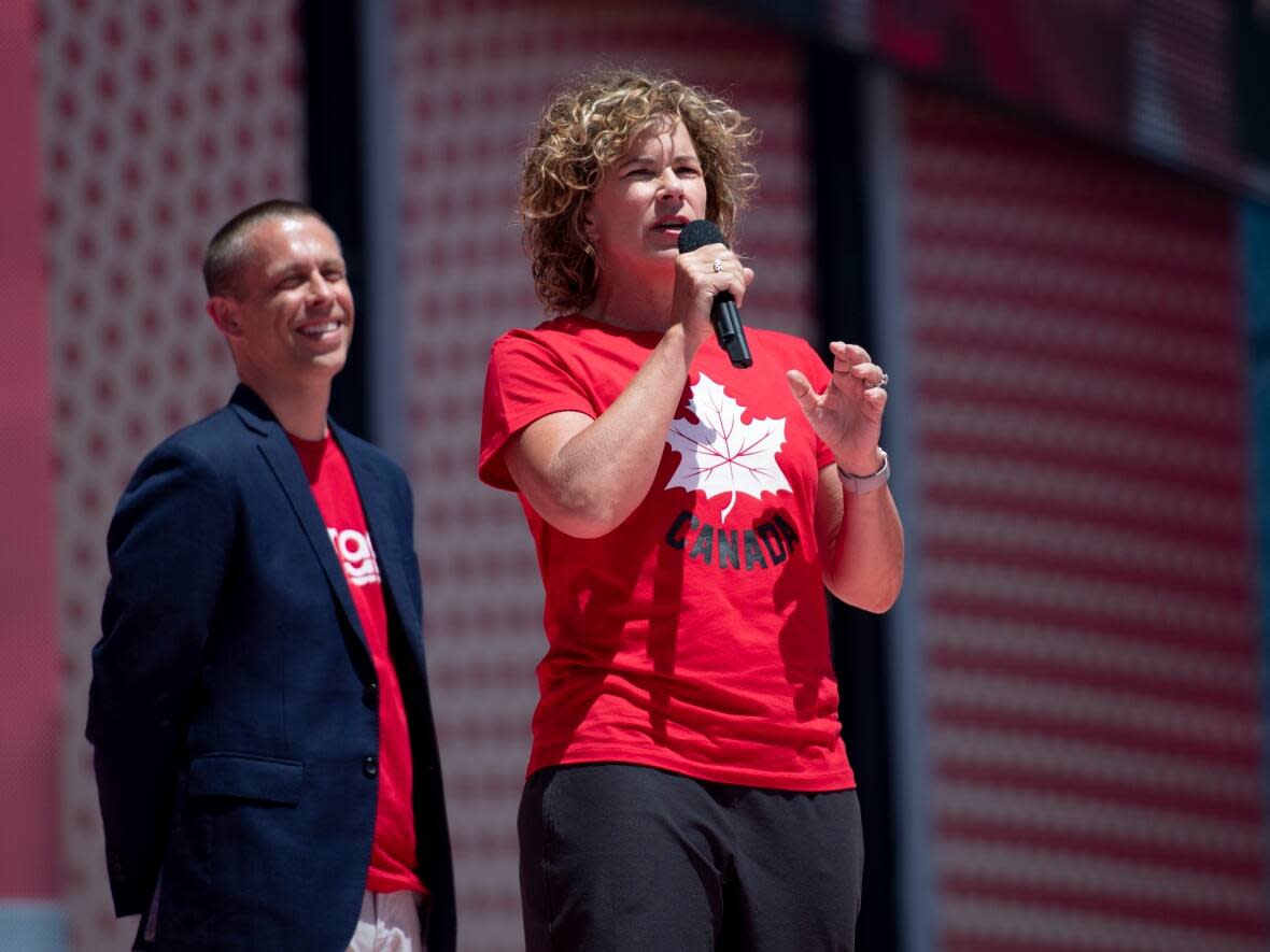 Marnie McBean, a three-time Olympic gold medalist in rowing, speaks after being named the Olympic chef de mission for the Tokyo 2020 Summer Games in July 2019. (Justin Tang/The Canadian Press - image credit)