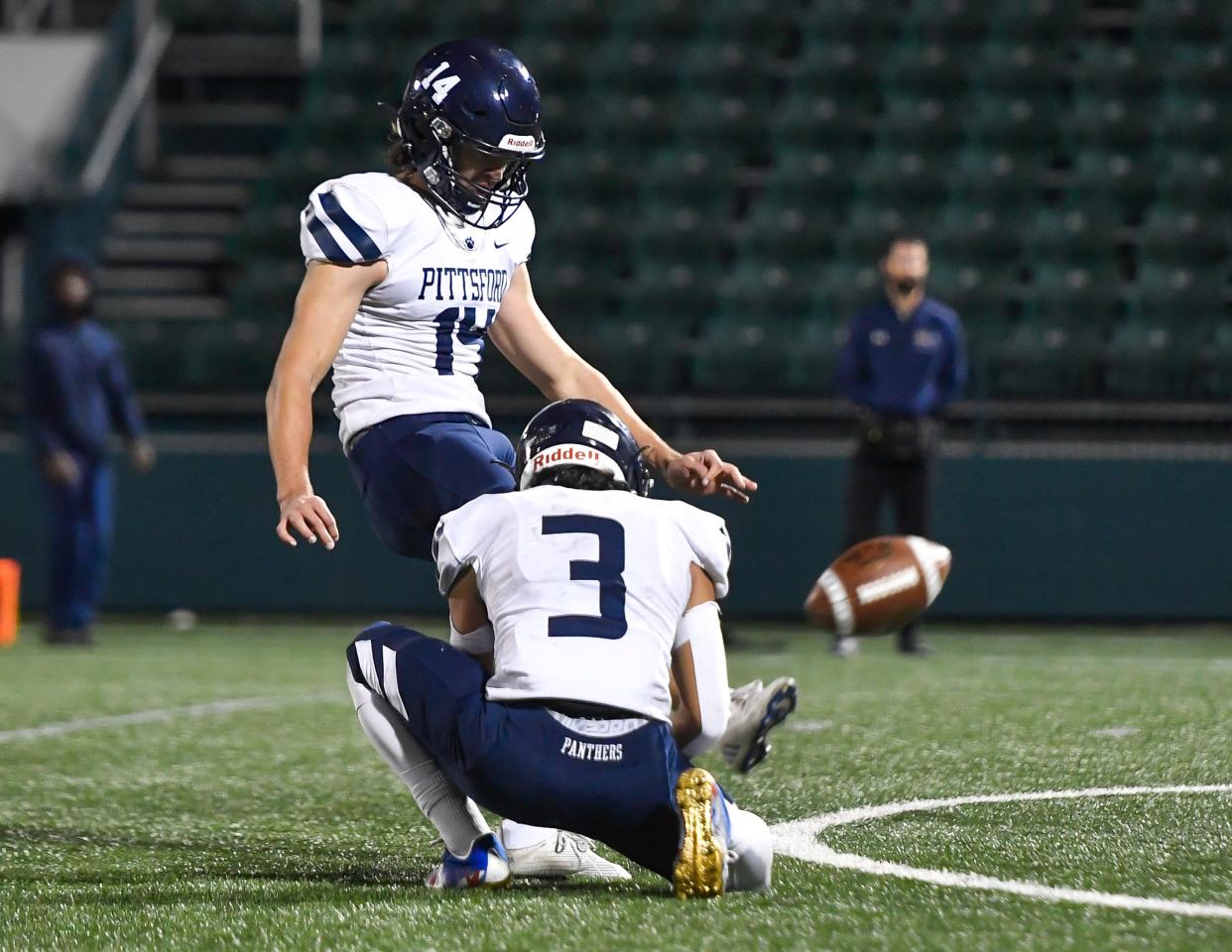 Pittsford's Philip Noyes kicks a field goal from holder Samuel Renica during a Section V Class AA football semifinal, Friday, Nov. 4, 2022. No. 4 seed Pittsford advanced to the Class AA final with a 6-0 win over No. 1 seed University Prep.
