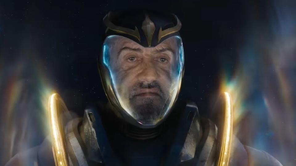 Sylvester Stallone as Stakar in a space suit and mask in Guardians of the Galaxy Vol. 3 cameo