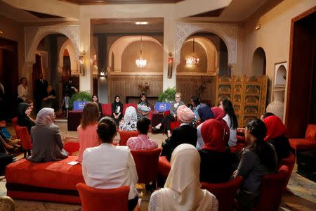 U.S. first lady Michelle Obama (C) and actresses Meryl Streep (R) and Freida Pinto (L) participate in a conversation with Moroccan adolescent girls moderated by CNN's Isha Sesay (R) following the "Let Girls Learn" program in Marrakech, June 28, 2016. REUTERS/Youssef Boudlal