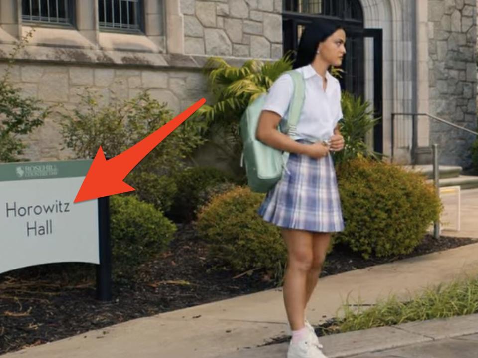 arrow to a sign that reads horowitz hall behind drea in do revenge