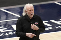 San Antonio Spurs coach Gregg Popovich watches during the first half of the team's NBA basketball game against the Utah Jazz on Wednesday, May 5, 2021, in Salt Lake City. (AP Photo/Rick Bowmer)