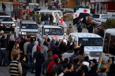 A man waves a Syrian opposition flag as others cheer upon the arrival of a UN and Red Cross convoy escorting more than 125 fighters from the besieged rebel-held Syrian town of Zabadani at the Masnaa border crossing between Lebanon and Syria, December 28, 2015. REUTERS/Mohamed Azakir