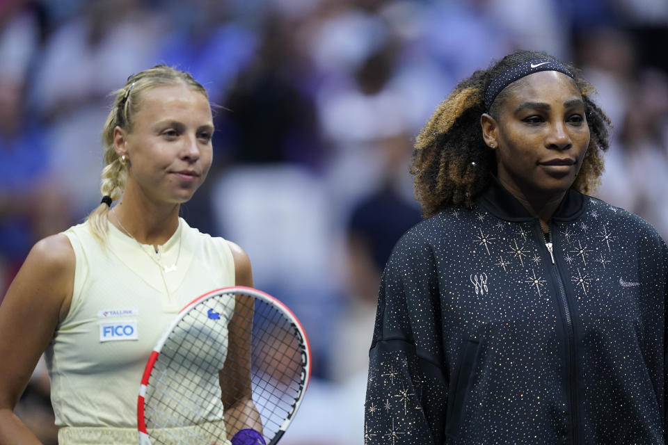 Serena Williams, of the United States, and Anett Kontaveit, of Estonia, pose for a photo before playing in the second round of the US Open tennis championships, Wednesday, Aug. 31, 2022, in New York. (AP Photo/Seth Wenig)