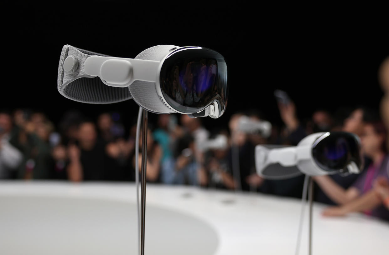 CUPERTINO, CALIFORNIA - JUNE 05: The new Apple Vision Pro headset is displayed during the Apple Worldwide Developers Conference on June 05, 2023 in Cupertino, California. Apple CEO Tim Cook kicked off the annual WWDC23 developer conference with the announcement of the new Apple Vision Pro mixed reality headset. (Photo by Justin Sullivan/Getty Images)