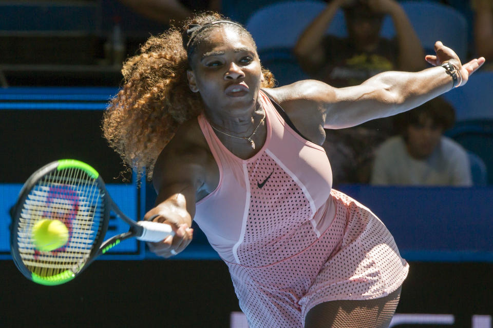 Serena Williams of the US hits a return against Maria Sakkari of Greece during their fifth session women's singles match on day three of the Hopman Cup tennis tournament in Perth on December 31, 2018. (Photo by TONY ASHBY / AFP) / -- IMAGE RESTRICTED TO EDITORIAL USE - STRICTLY NO COMMERCIAL USE --        (Photo credit should read TONY ASHBY/AFP via Getty Images)