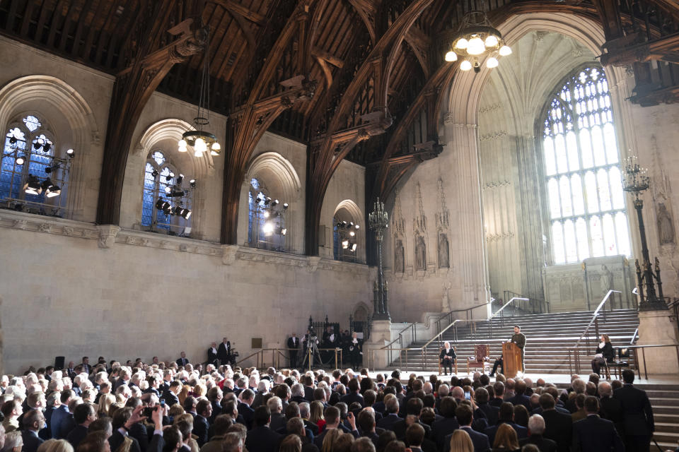 Ukrainian President Volodymyr Zelenskyy addresses parliamentarians in Westminster Hall, London, during his first visit to the UK since the Russian invasion of Ukraine.Wednesday Feb. 8, 2023. (Stefan Rousseau/pool photo via AP)