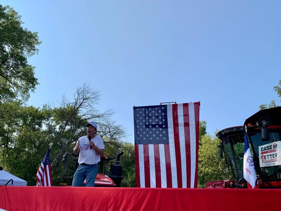 Former U.S. House candidate Gary Leffler spoke for former President Donald Trump at the Story County Fairgrounds for the 4th Congressional District Presidential Tailgate and Straw Poll in the hopes of appealing to Iowa voters ahead of the Cy-Hawk game in Ames on Saturday, Sept. 9, 2023.