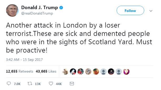 Donald Trump took to Twitter after the Parsons Green attack (Twitter)