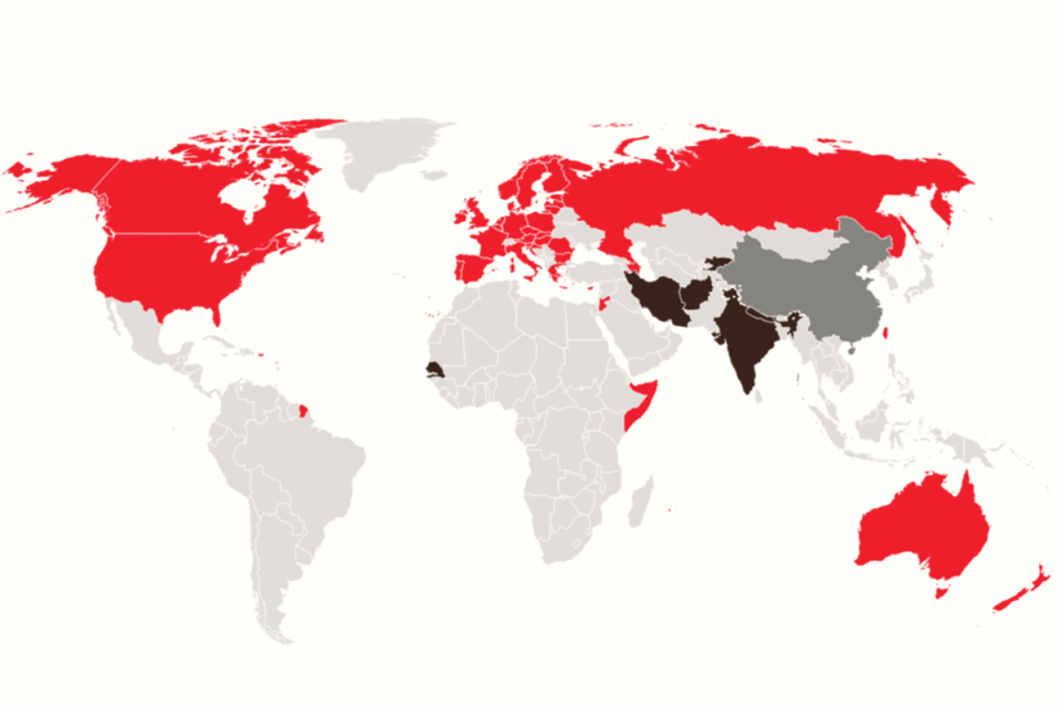 Countries where TikTok is either banned (black), partially banned (red) or unavailable (grey) as of April 2024 (The Independent)