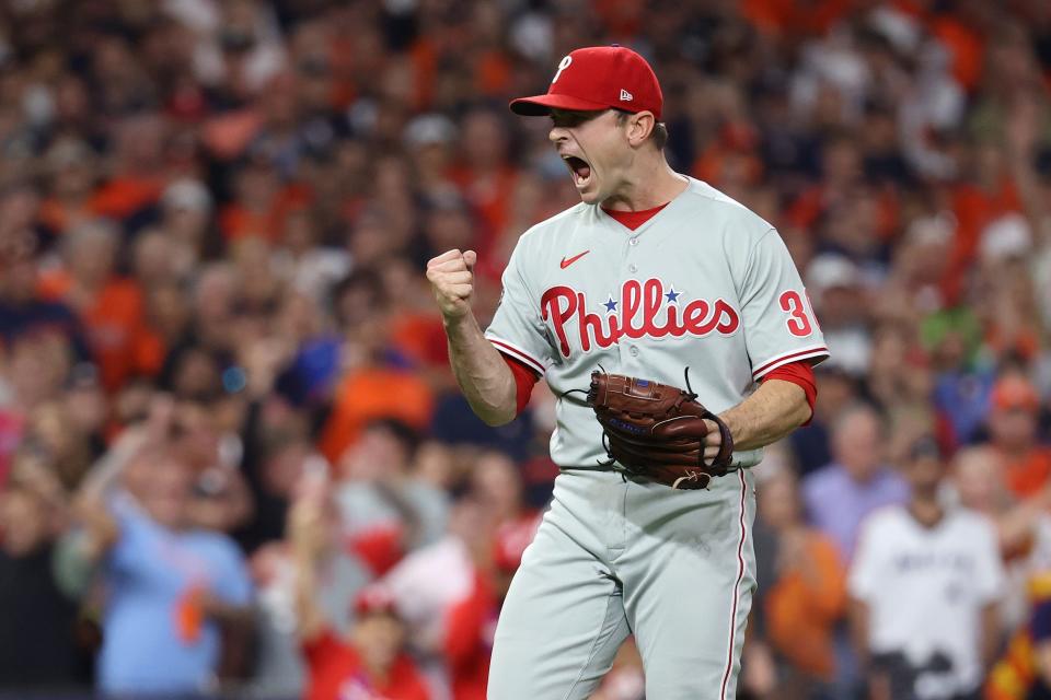 David Robertson reacts after the final out.