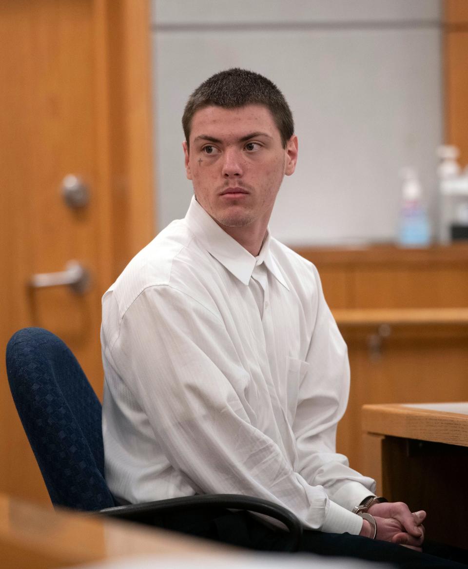 Nathan Brown sits the courtroom of Circuit Court Judge Linda Nobles on Tuesday, Aug. 1, 2023. Brown is on trial on two counts of felony murder for robbing and killing David Purchase and Natalie Greenough on Nov. 9, 2021. 