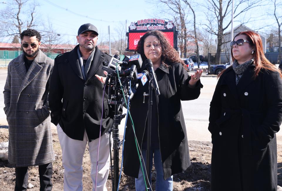 Brockton School Committee members, from left, Claudio Gomes, Tony Rodrigues, Joyce Asack and Ana Oliver hold a press conference at Brockton High School on Monday, Feb. 19, 2024 regarding their request that the National Guard be deployed at the school amid reports of high levels of violence and turmoil.