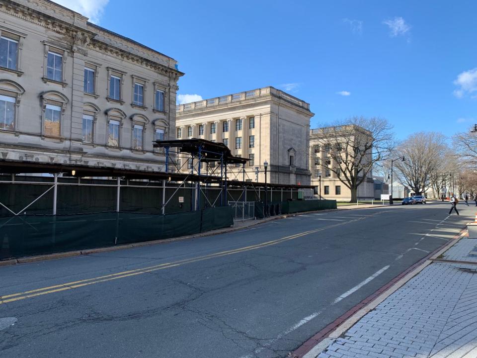 The Statehouse in Trenton was barricaded against planned protests on the morning of Sunday, Jan. 17, 2021, but the streets were empty.