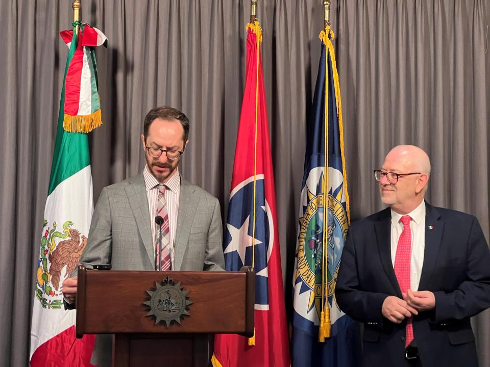 Nashville Mayor Freddie O'Connell holds a press conference with Mexican Consul General Javier Diaz de Leon at Public Square on June 18, 2024.