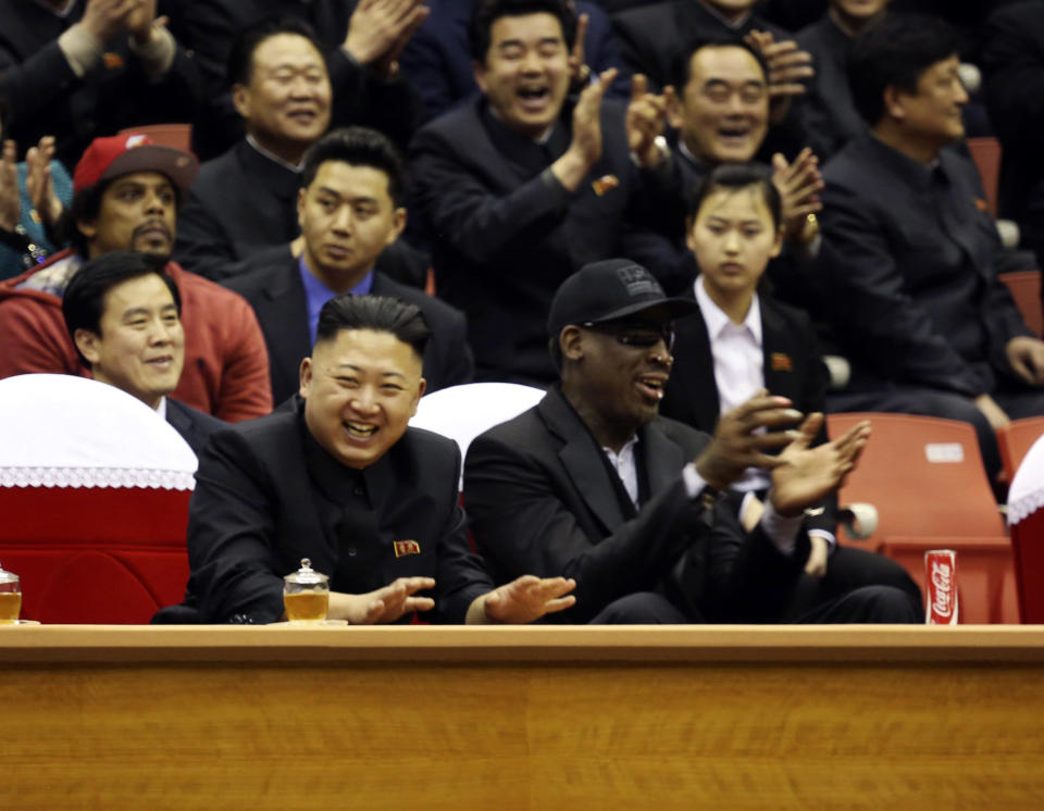 �North Korean leader Kim Jong-un and former NBA star Dennis Rodman watch a basketball game in Pyongyang, North Korea. The American star has formed an unlikely friendship with the controversial leader and told him "you have a friend for life". The sport star is the most high-profile American visitor to the country since Kim Jong-un took power (REUTERS/VICE/Handout)