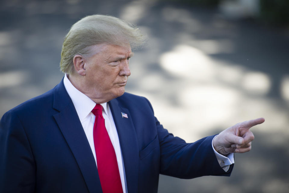 UNITED STATES -  OCTOBER 10: President Donald Trump speaks to members of the media on the South Lawn of the White House in Washington, Thursday, Oct. 10, 2019, before boarding Marine One. Trump is scheduled to address a rally in Minnesota later in the day. (Photo by Caroline Brehman/CQ-Roll Call, Inc via Getty Images)